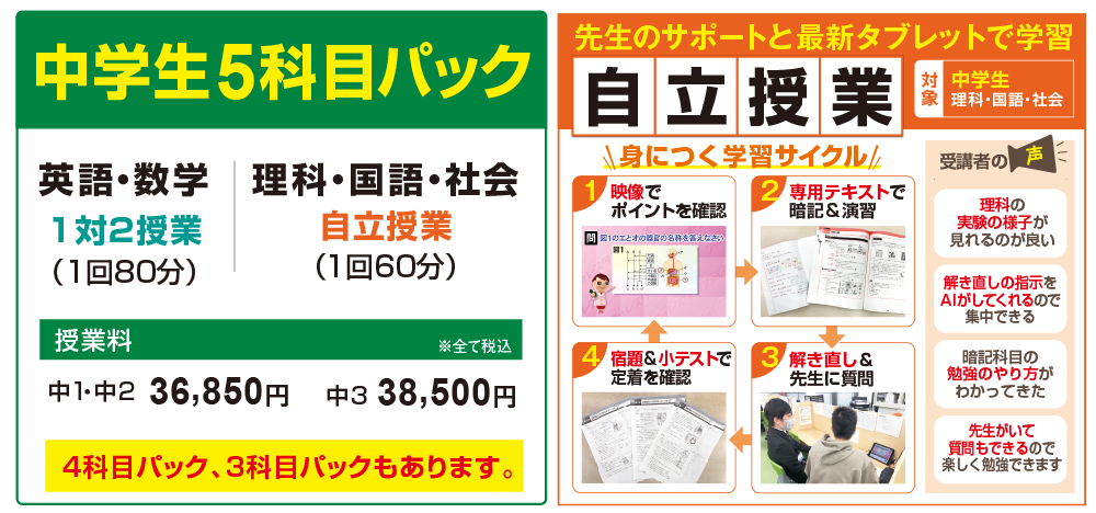 中学生5科目パック、自立授業