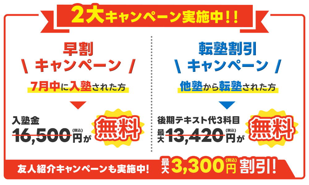 早割キャンペーン、転塾割引キャンペーン